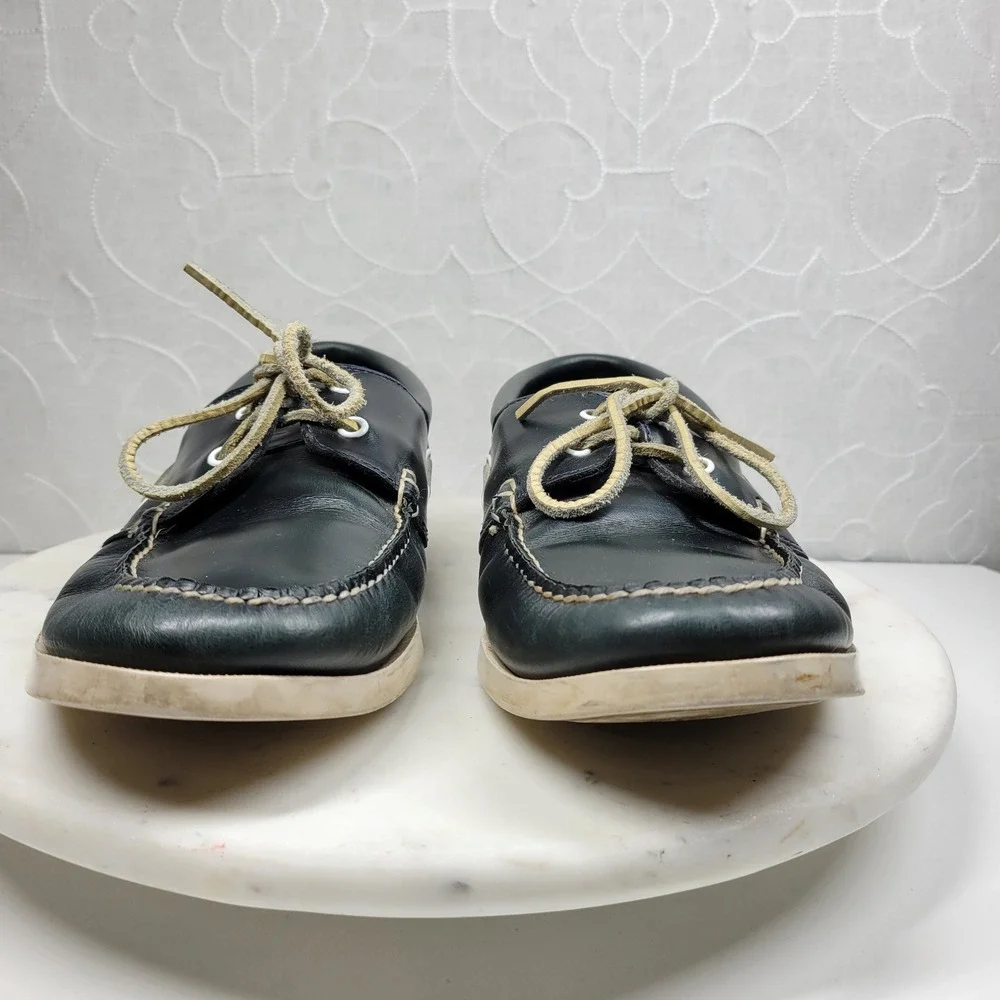 VTG Brooks Brothers Leather Deck Shoes Mens 10D Wide Navy Dock Siders Lace Up